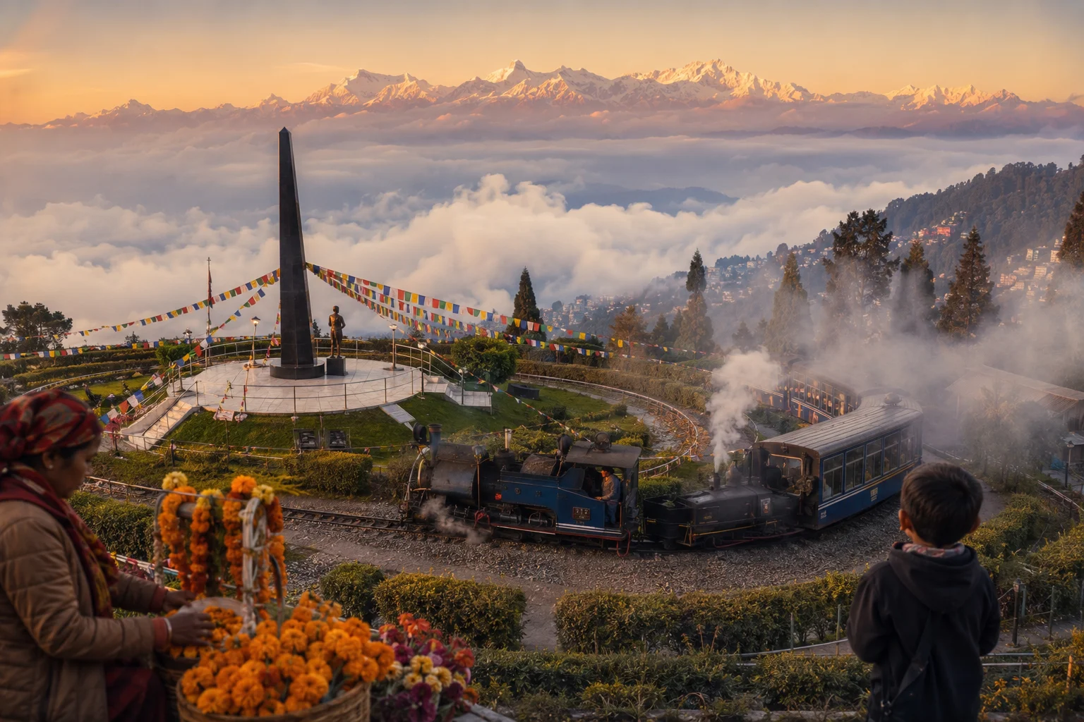 Hidden gems in Darjeeling — Batasia Loop at sunrise with Toy Train and Kanchenjunga behind